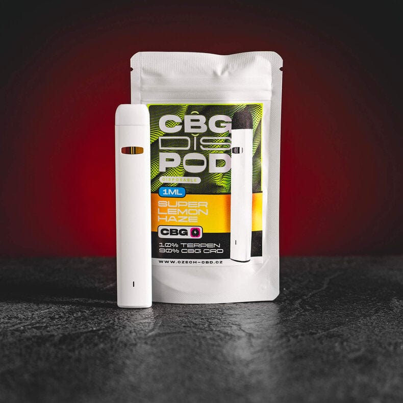 CBG Dispod Kratom World с вкус Super Lemon Haze, показан като vape продукт с канабиноиден профил и свеж лимонов аромат.