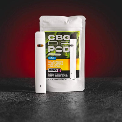 CBG Dispod Kratom World с вкус Super Lemon Haze, показан като vape продукт с канабиноиден профил и свеж лимонов аромат.