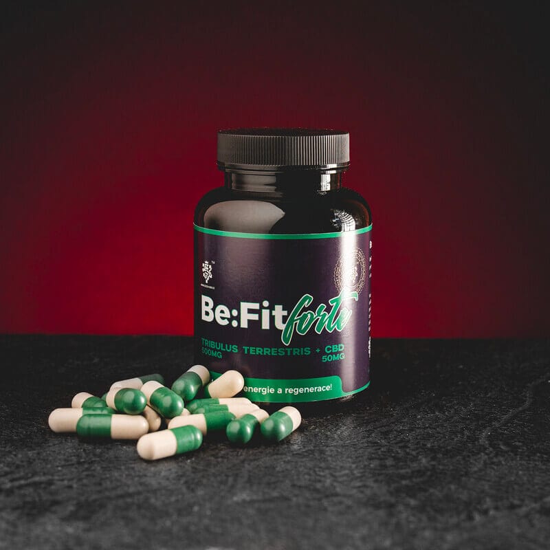 Be Fit Forte Tribulus Terrestris, представен в продуктов кадър като растителен продукт с котвичник, свързан с тестостерон и упражнения.