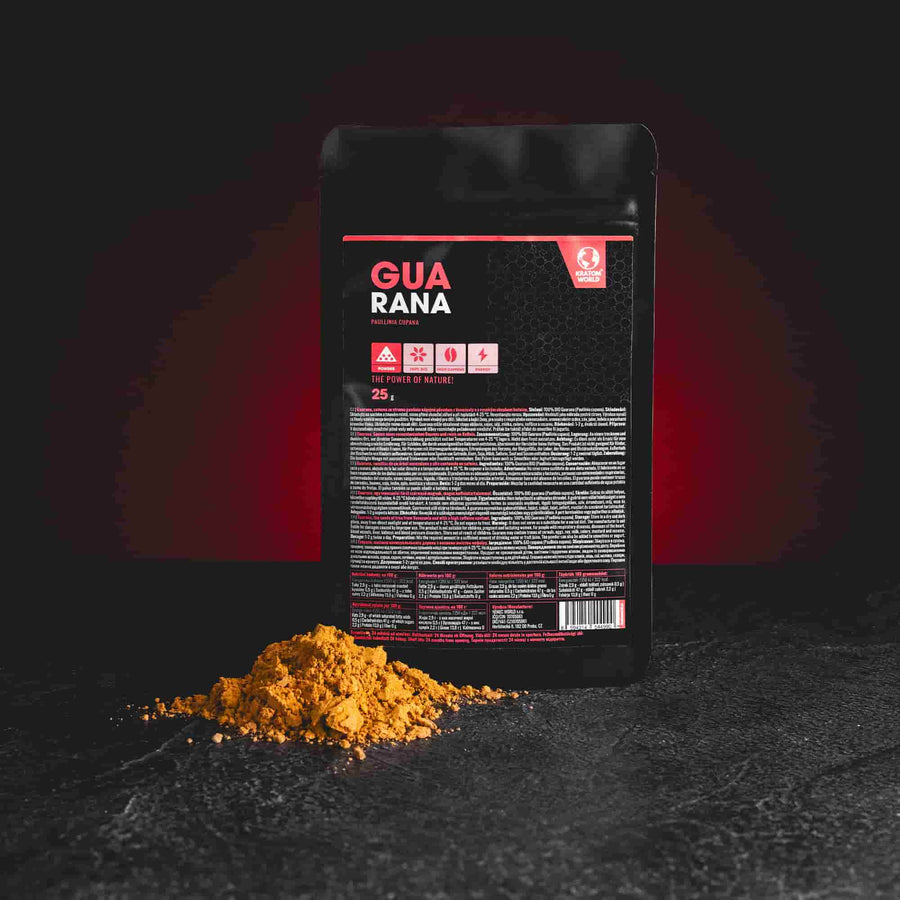 Bio Guarana Kratom World, представена в продуктов кадър като растителна хранителна добавка с естествен кофеин.