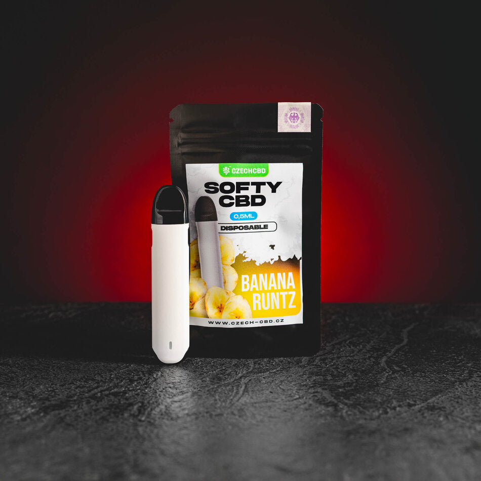 CBD Banana Runtz Softy vape set 0,5 мл, представен в продуктов кадър като CBD vape продукт с бананов профил.