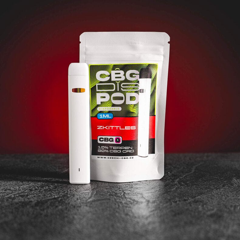 CBG Dispod Kratom World с вкус Zkittles, показан като vape продукт с канабиноиден профил и сладък плодов аромат.