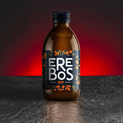 Erebos Spicy Drink Kratom World, представен в продуктов кадър като билкова напитка с пикантен профил.