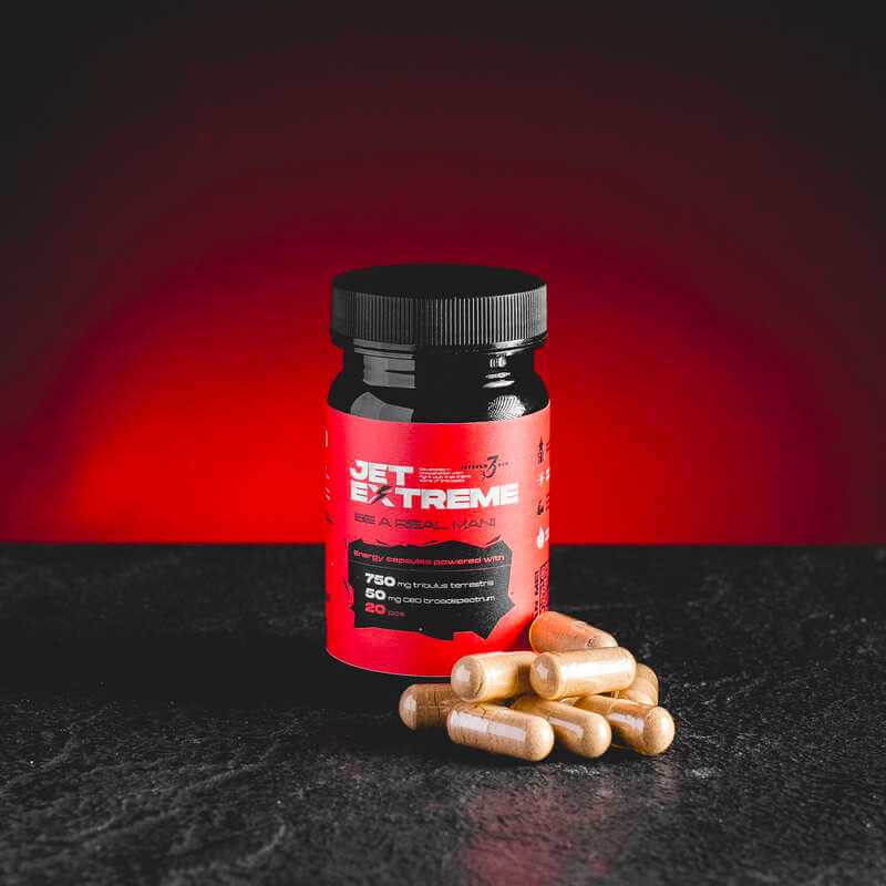 Jet Extreme Tribulus Terrestris с котвичник, представен в продуктов кадър като растителен продукт.