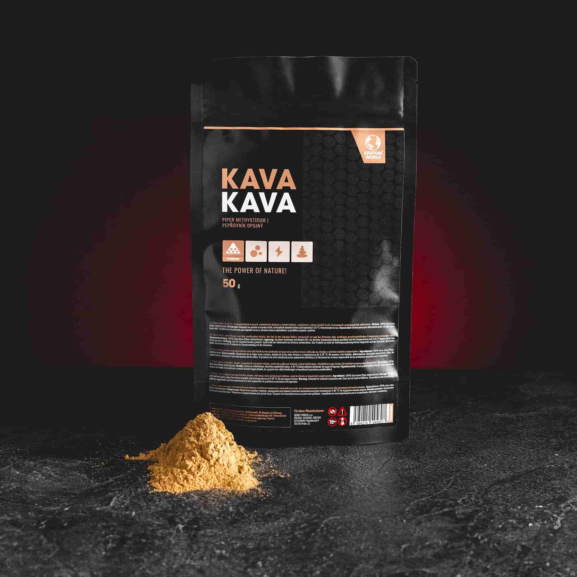 Kava Kava Kratom World, представена в продуктов кадър като растителен продукт от Piper methysticum.