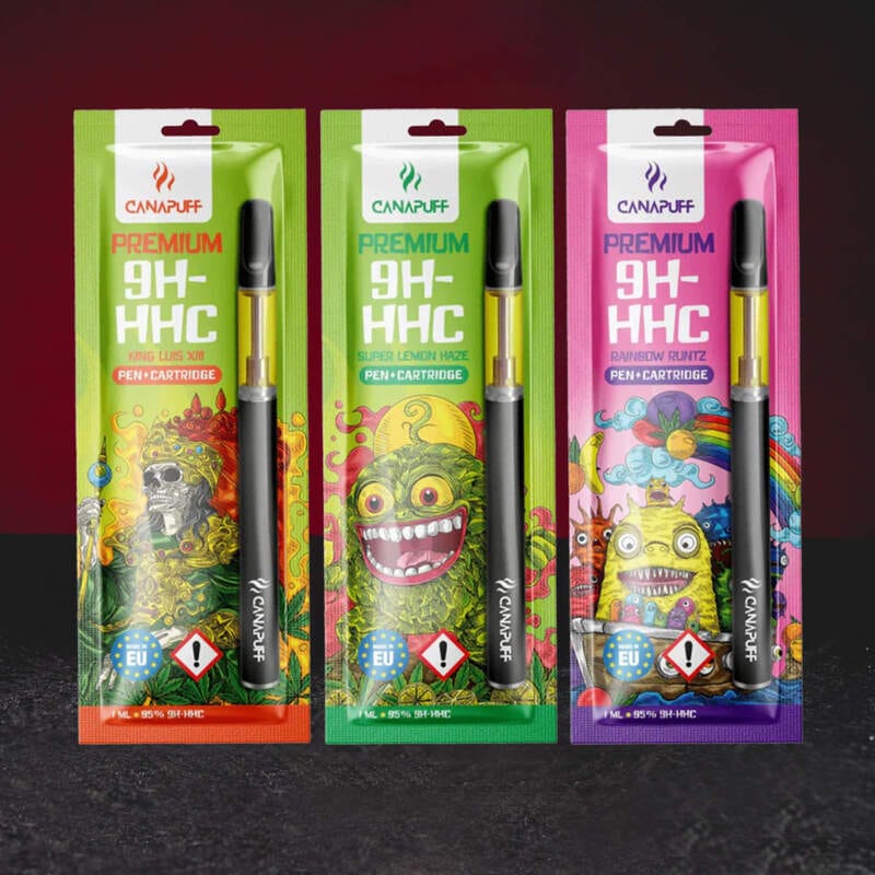 Групова снимка на Kratom World 9H-HHC Pen Cartridge 95% 1 ml – премиум патрони Super Lemon Haze, Rainbow Runtz и King Luis XIII