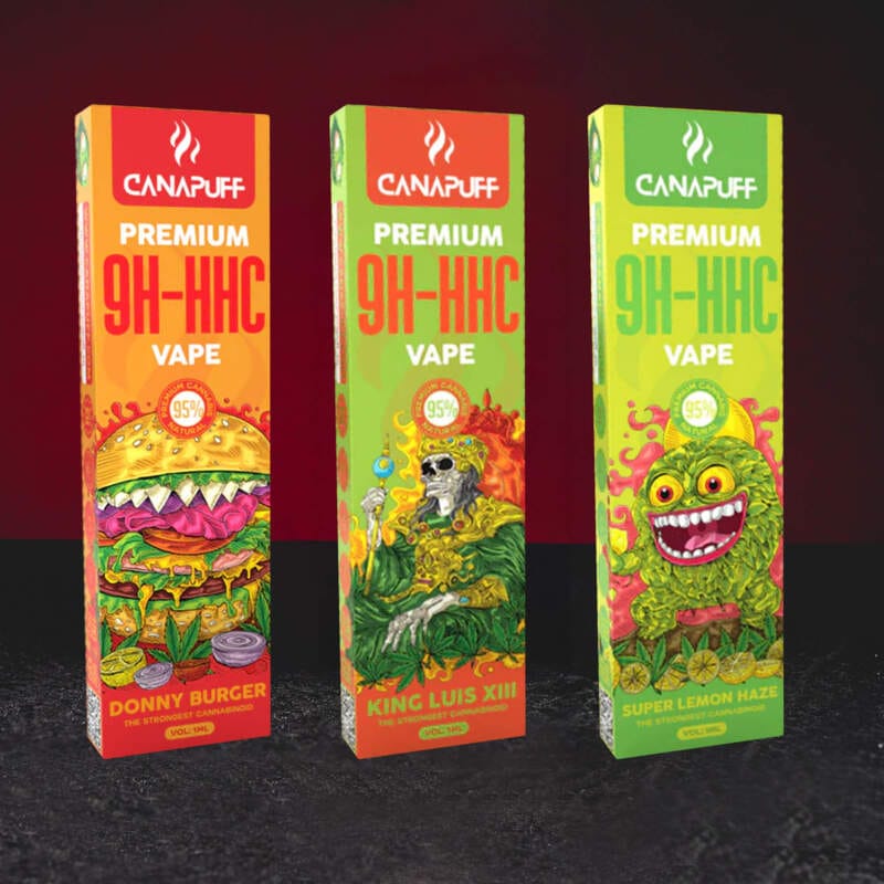 Kratom World 9H-HHC Vape 95% 1 ml – групова снимка на премиум vapes Super Lemon Haze, Rainbow Runtz, King Luis XIII и Donny Burger