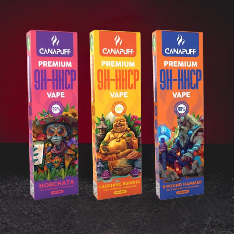 Групова снимка на Kratom World 9H-HHCP Vape 99% 1 ml – премиум vapes 9 Pound Hammer, Laughing Buddha и Horchata