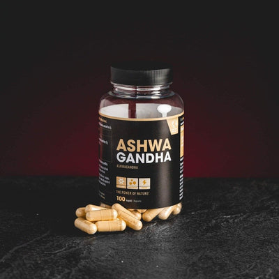 Ashwagandha капсули Kratom World, представени в продуктов кадър като растителен продукт с less stress профил.