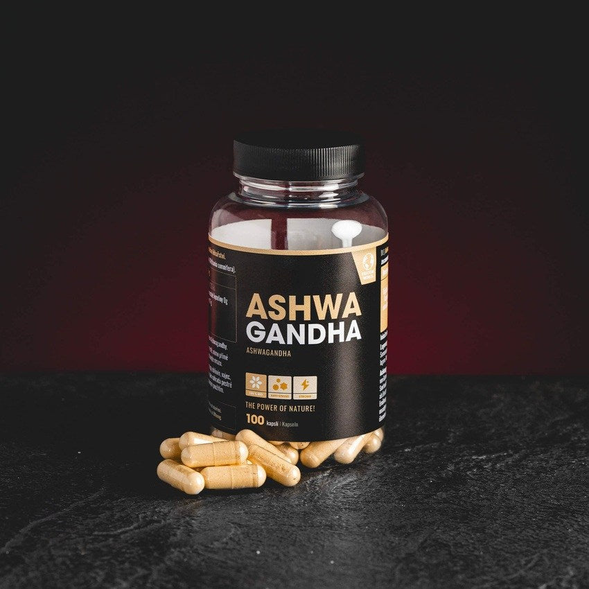 Ashwagandha капсули Kratom World, представени в продуктов кадър като растителен продукт с less stress профил.