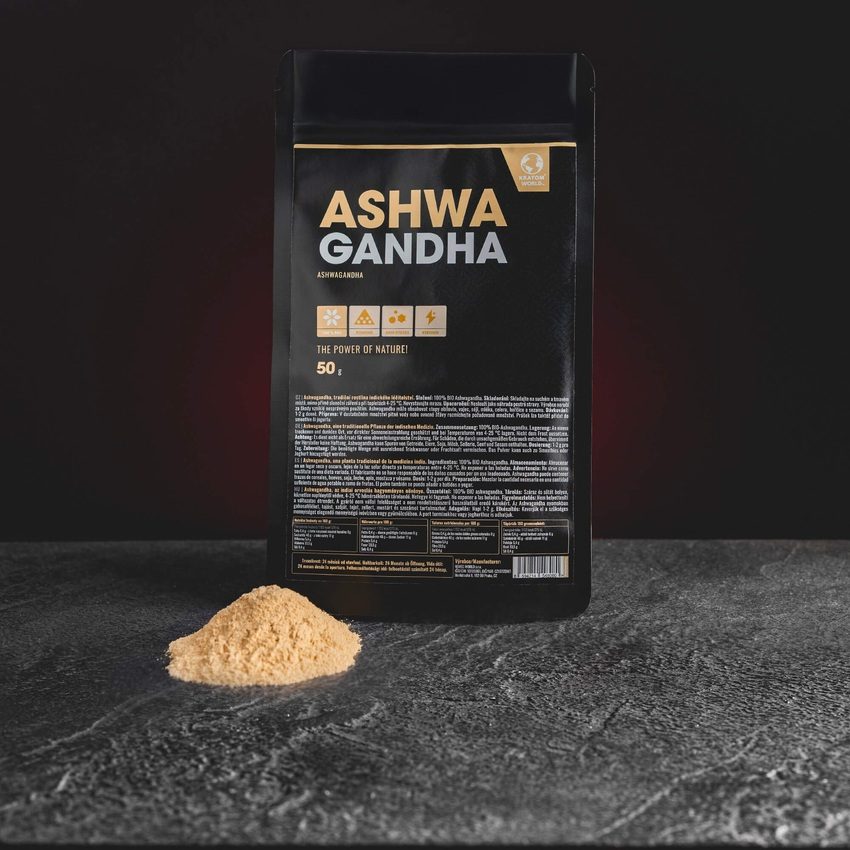 Ashwagandha екстракт Kratom World, представен в продуктов кадър като растителен продукт за подкрепа при стрес.