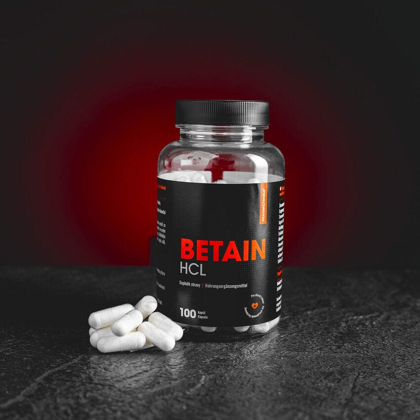 Betaine HCL Kratom World, представен в продуктов кадър като продукт за подкрепа на храносмилането, стомашната киселина и gut health профил.