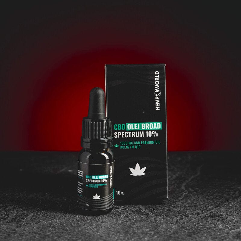 Broad Spectrum CBD масло 10% Kratom World, представено в продуктов кадър като качествен CBD продукт.