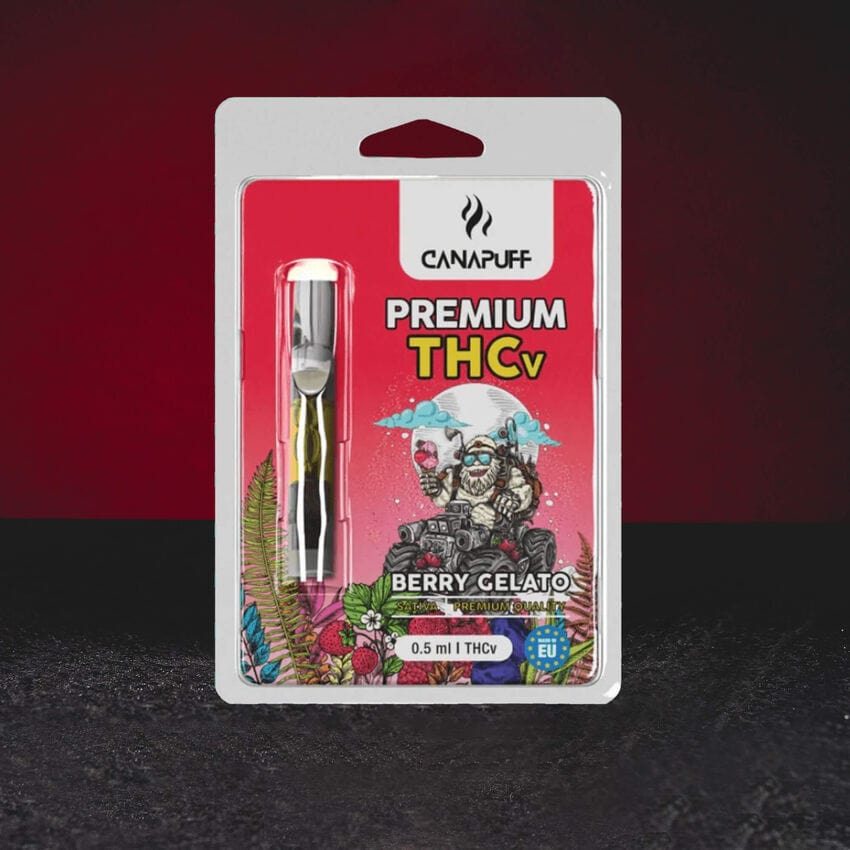 Canalogy Canapuff THV Cartridge Berry Gelato Kratom World 0,5 мл, представен в продуктов кадър като канабиноиден cartridge с Berry Gelato профил.