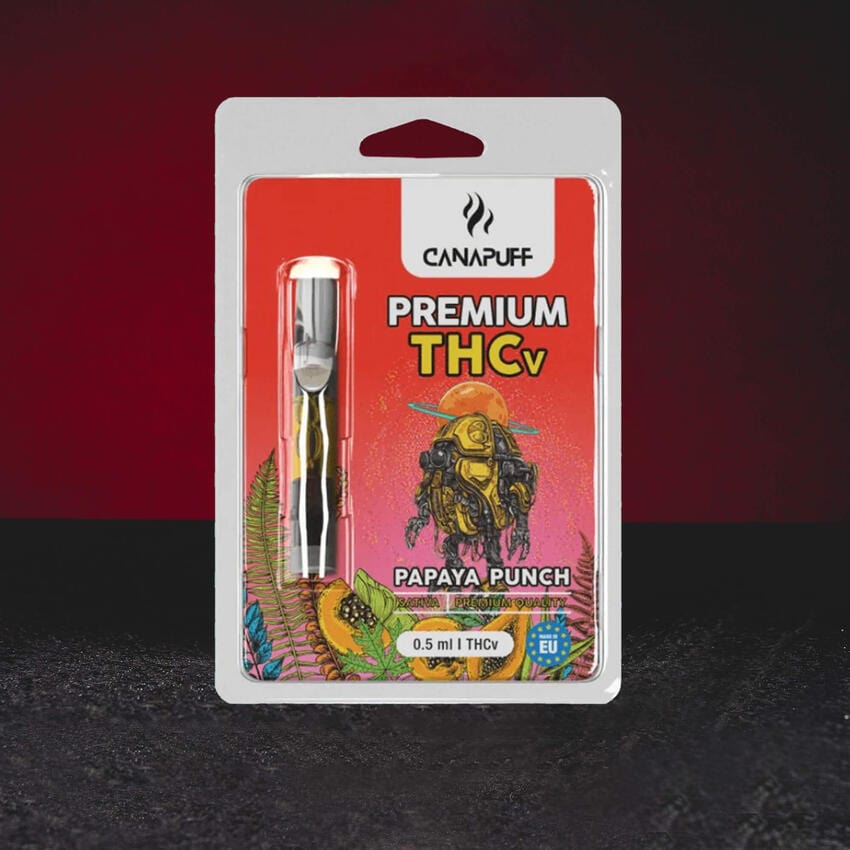 Canalogy Canapuff THV Cartridge Papaya Punch Kratom World 0,5 мл, представен в продуктов кадър като канабиноиден cartridge с Papaya Punch профил.