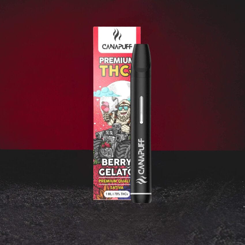 Canalogy Canapuff THV Vape Pen Berry Gelato Kratom World, представен в продуктов кадър като канабиноиден vape pen с Berry Gelato профил.