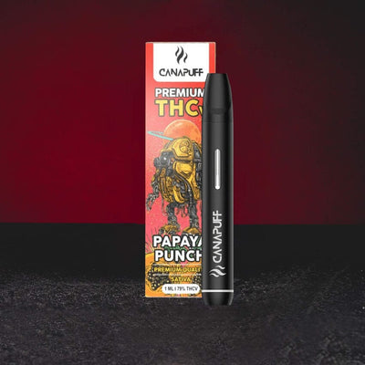 Canalogy Canapuff THV Vape Pen Papaya Punch Kratom World, представен в продуктов кадър като канабиноиден vape pen с Papaya Punch профил.