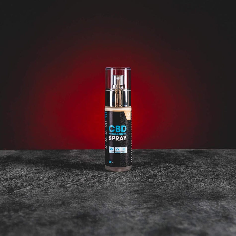 CBD Ashwagandha Antistress устен спрей Kratom World 600 mg, представен в продуктов кадър като природен продукт за подкрепа при стрес и сън.