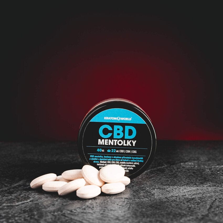 CBD Menthol капсули Kratom World с CBD, CBN и CBG, представени в продуктов кадър като канабиноиден продукт с ментов профил.
