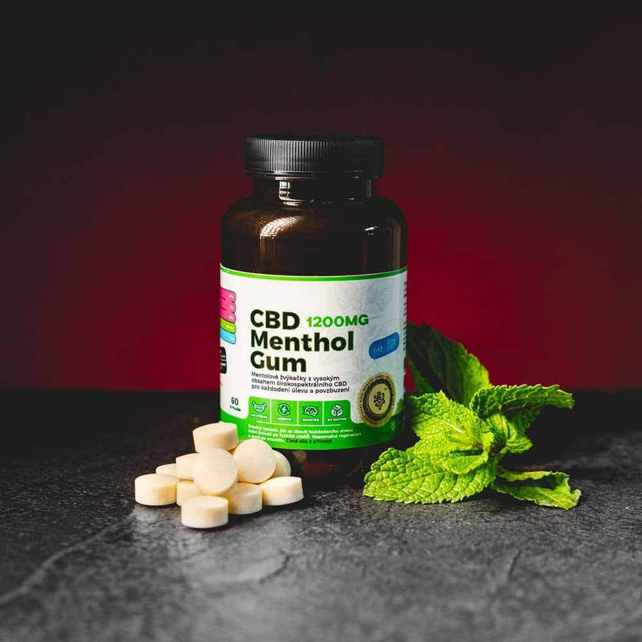 CBD Menthol Gum 1200 mg Kratom World, представена в продуктов кадър като качествени CBD дъвки с ментов профил.