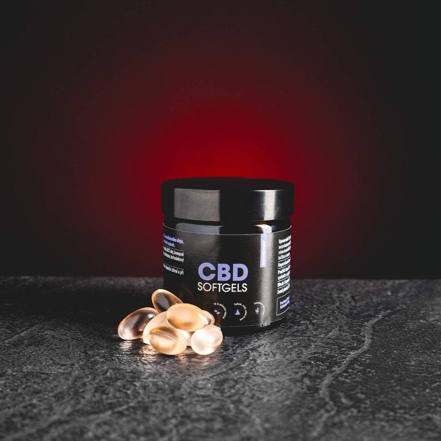 CBD Softgels Kratom World, представени в продуктов кадър като канабидиолов продукт за сън и релаксация.