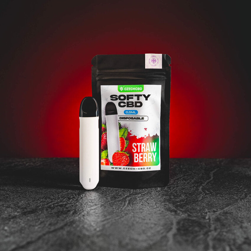 CBD Strawberry Softy Vaporizer Kratom World, представен в продуктов кадър като CBD vape продукт с ягодов профил.