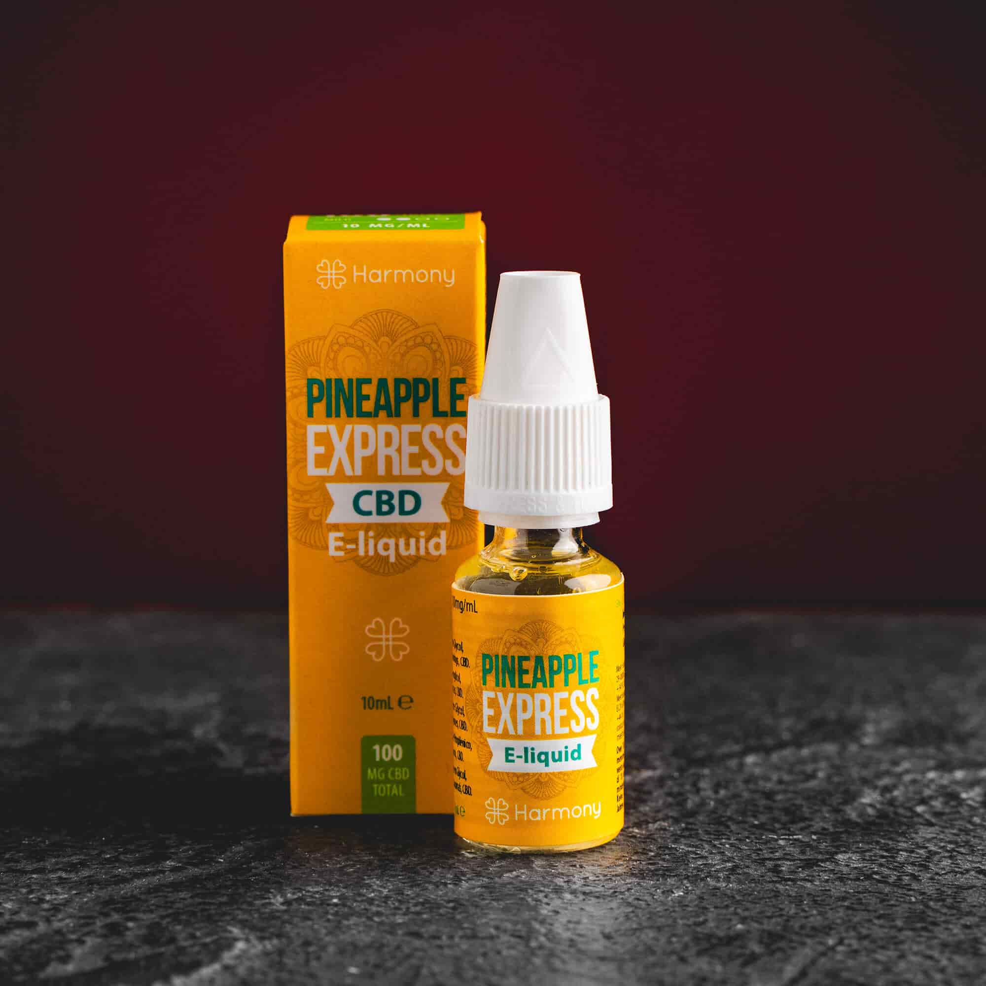 CBD Vape E-liquid Pineapple Express Kratom World, представен в продуктов кадър като течност за електронни устройства с канабиноиден и ананасов профил.