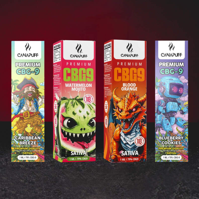Групова снимка на Kratom World CBG9 Vape Pen 79% 1 ml – премиум vapes Watermelon Mojito, Blueberry Cookie, Caribbean Breeze и Blood Portocal