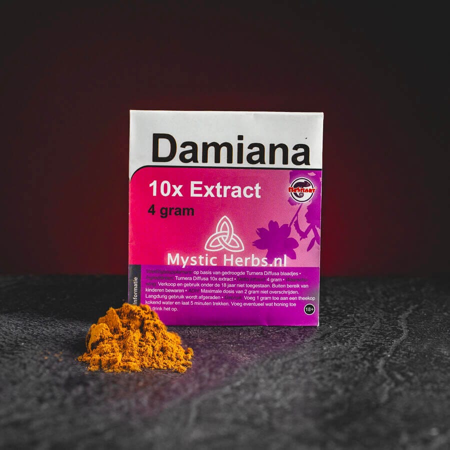 Damiana екстракт Kratom World, представен в продуктов кадър като растителен продукт с damiana профил.
