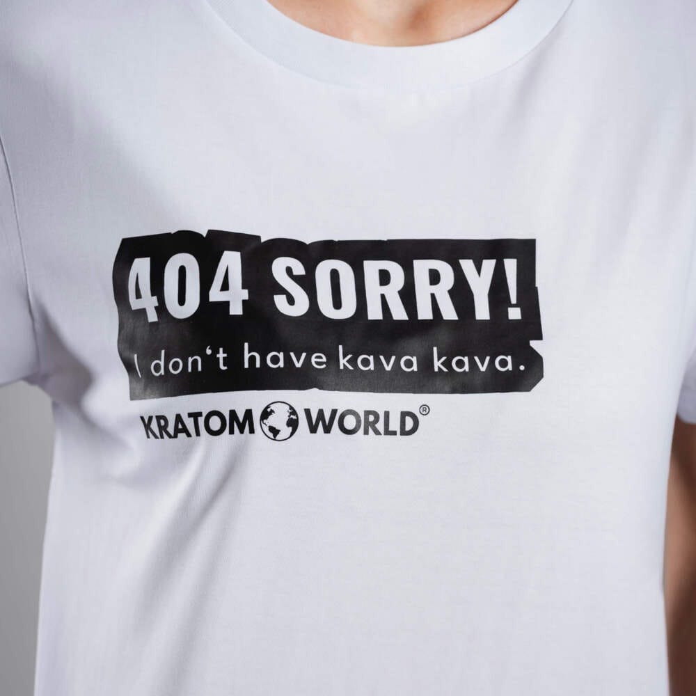 Дамска тениска Kratom World 404 Sorry I Don’t Have Kava Kava, представена в close-up продуктов кадър като streetwear merch за любители на Kava Kava.