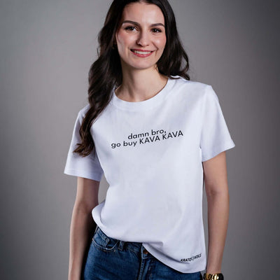 Дамска тениска Kratom World Damn Bro Go Buy Kava Kava, представена в продуктов кадър като streetwear merch за любители на Kratom.