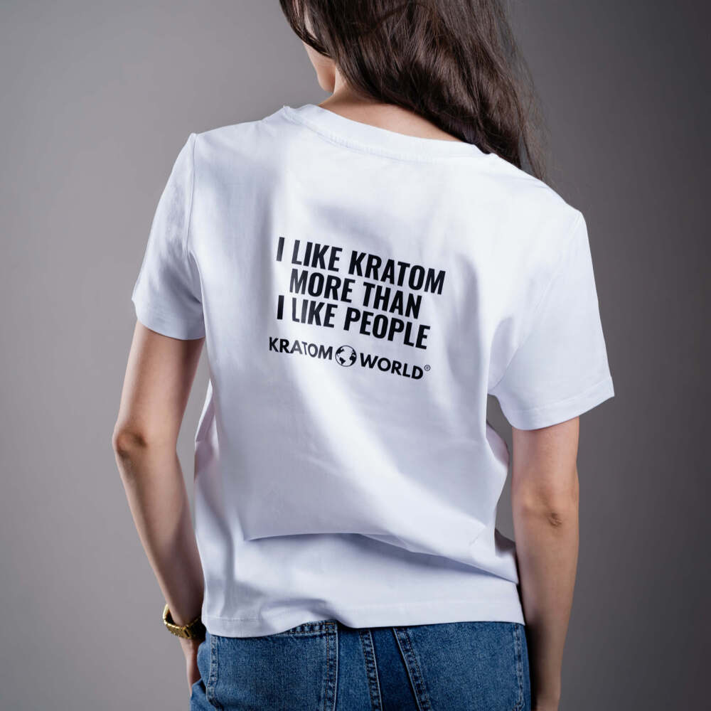 Дамска тениска Kratom World I Like Kratom More Than I Like People, представена отзад като streetwear merch за любители на Kratom.