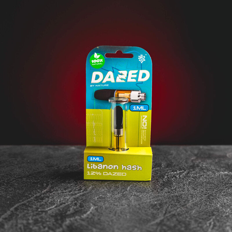Dazed Lebanon Hash Cartridge Kratom World, представен в продуктов кадър като vape cartridge продукт с Lebanon Hash профил.