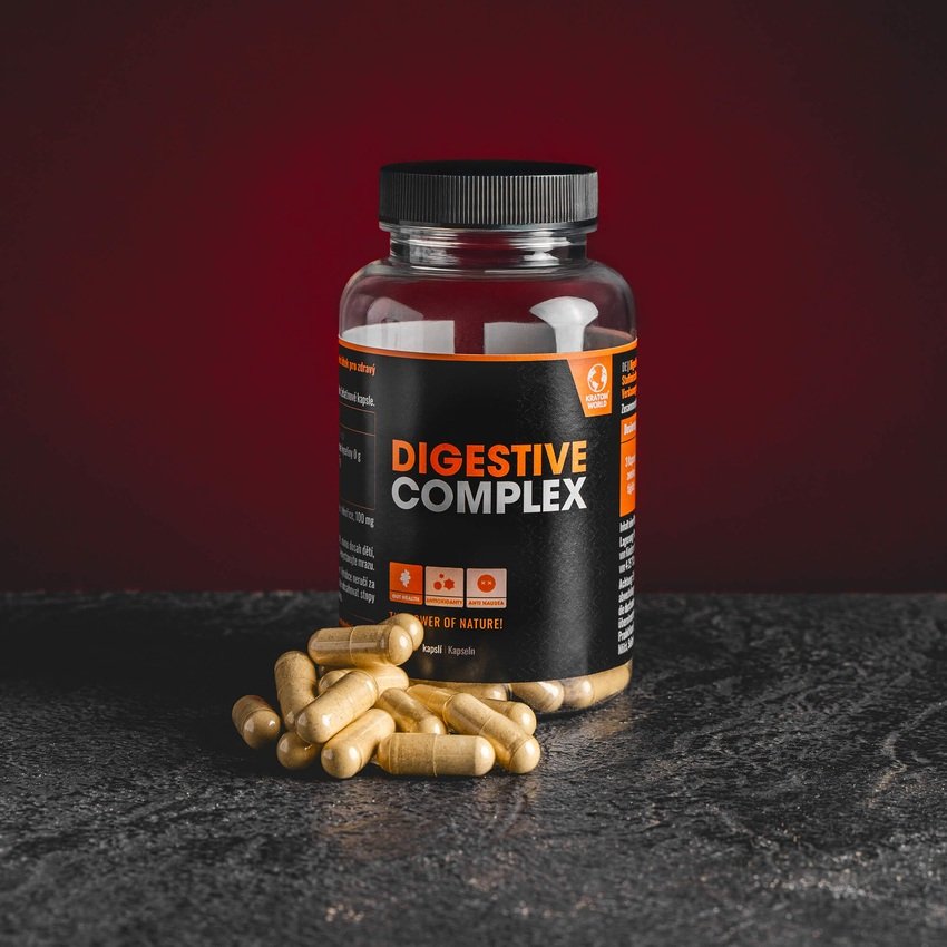 Digestive Complex Kratom World, представен в продуктов кадър като продукт за подкрепа на храносмилането.