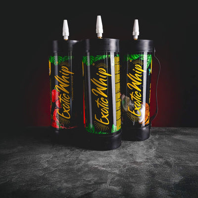 Exotic Whip Kratom World, представен в общ продуктов кадър като газ за бита сметана в различни варианти.