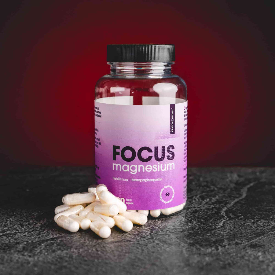 Focus Magnesium Bisglycinate Kratom World, представен в продуктов кадър като качествен магнезиев продукт с бисглицинатен профил.