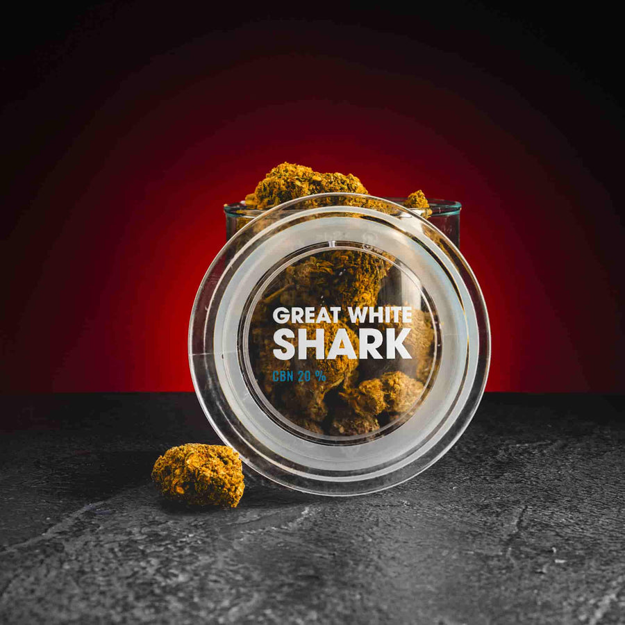 Great White Shark CBN Kratom World, представени в продуктов кадър като CBN конопени цветове със sleep профил.
