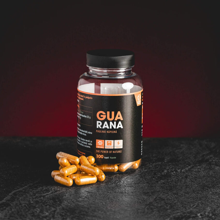 Guarana капсули Kratom World, представени в продуктов кадър като растителен продукт с natural caffeine и Paullinia cupana профил.