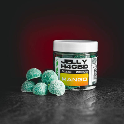 H4CBD Mango Jelly Kratom World, представени в продуктов кадър като качествен H4CBD jelly продукт с мангов профил.