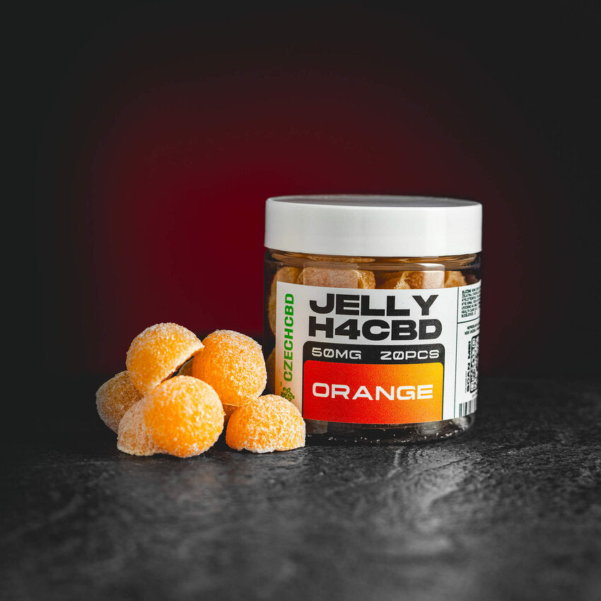 H4CBD Orange Jelly Kratom World, представени в продуктов кадър като H4CBD jelly продукт с портокалов профил.