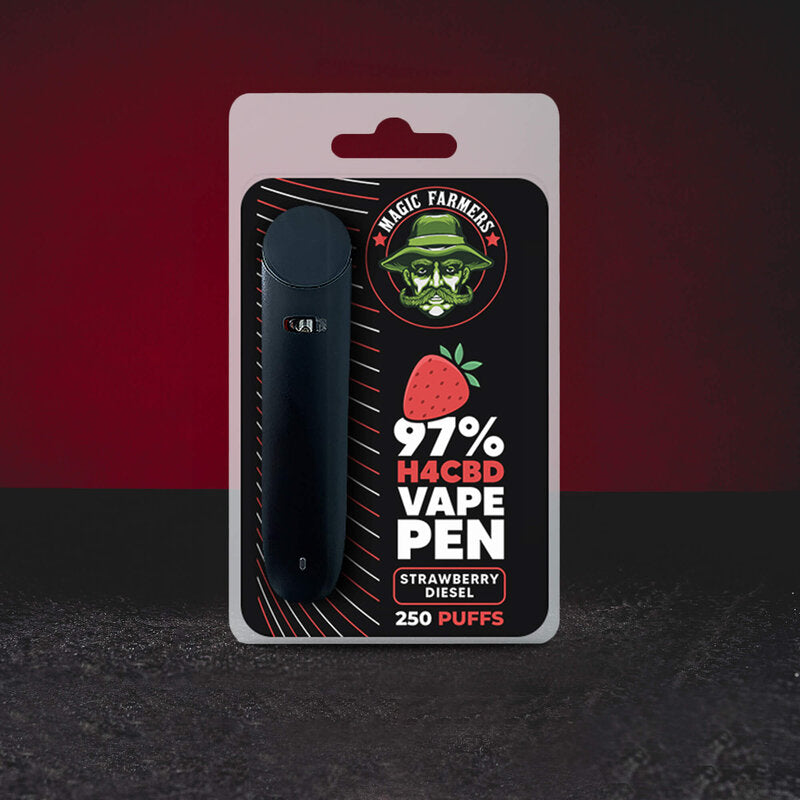 H4CBD Vape Cartridge Strawberry Kush Kratom World, представен в продуктов кадър като канабиноиден cartridge с ягодов kush профил.