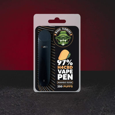 H4CBD Vape Mango Kratom World, представен в продуктов кадър като канабиноиден vape продукт с мангов профил.