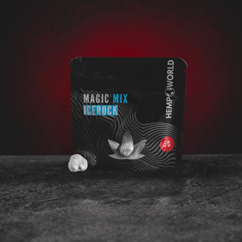 CBD Magic Mix Icerock Buds Kratom World, представен в продуктов кадър като канабиноиден magic mix с CBD buds.