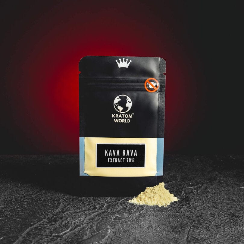 Kava Kava 70% екстракт Kratom World, представен в продуктов кадър като растителен продукт с kava kava профил.