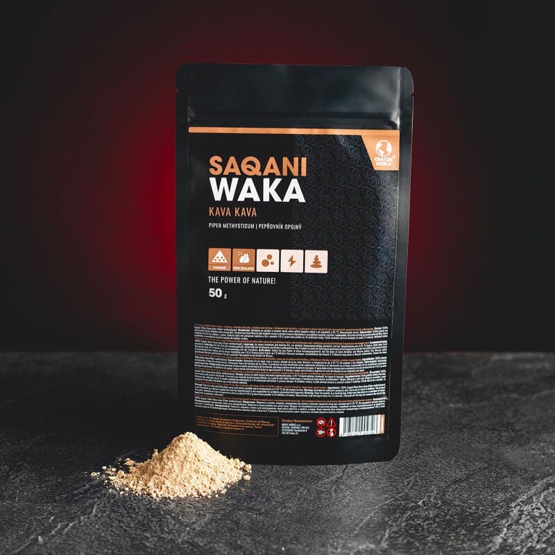 Kava Kava Saqani Waka Tonga Kratom World, представена в продуктов кадър като растителен продукт с kava kava профил.