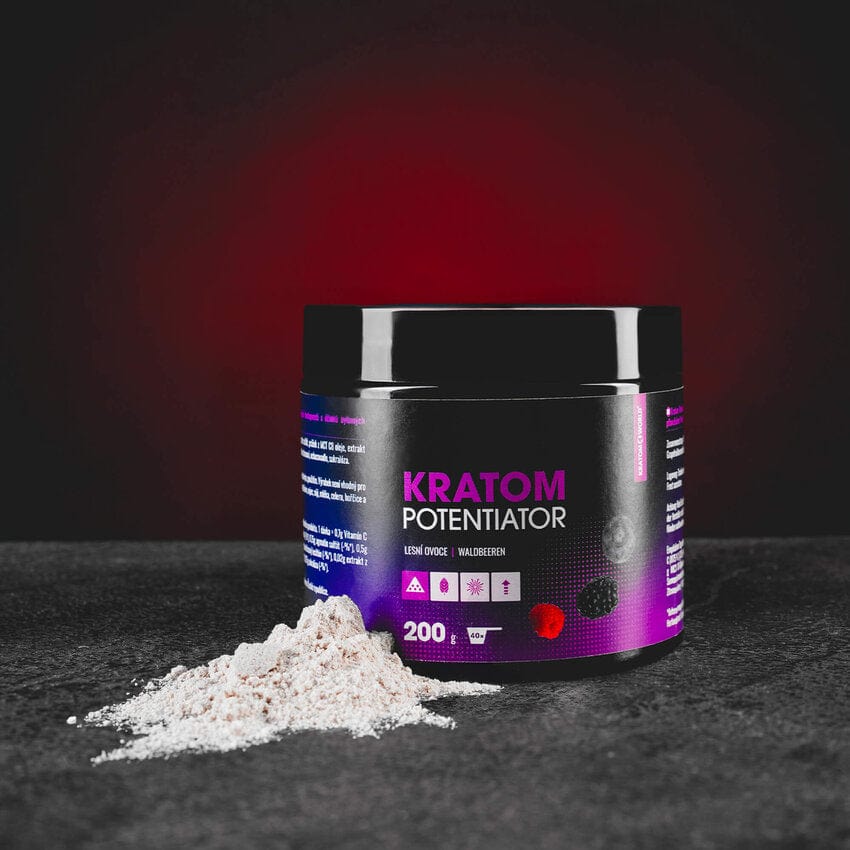 Kratom Potentiator Booster Kratom World, представен в продуктов кадър като продукт за подкрепа на усвояването на кратом.