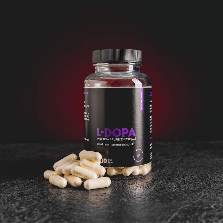 L-Dopa Kratom World, представен в продуктов кадър като растителен продукт, свързан с допамин, метаболизъм и тестостерон.