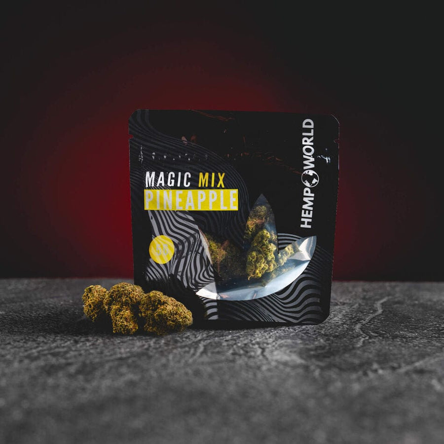 Magic Mix Pineapple CBD buds Kratom World, представени в продуктов кадър като CBD конопени цветове с ананасов профил.