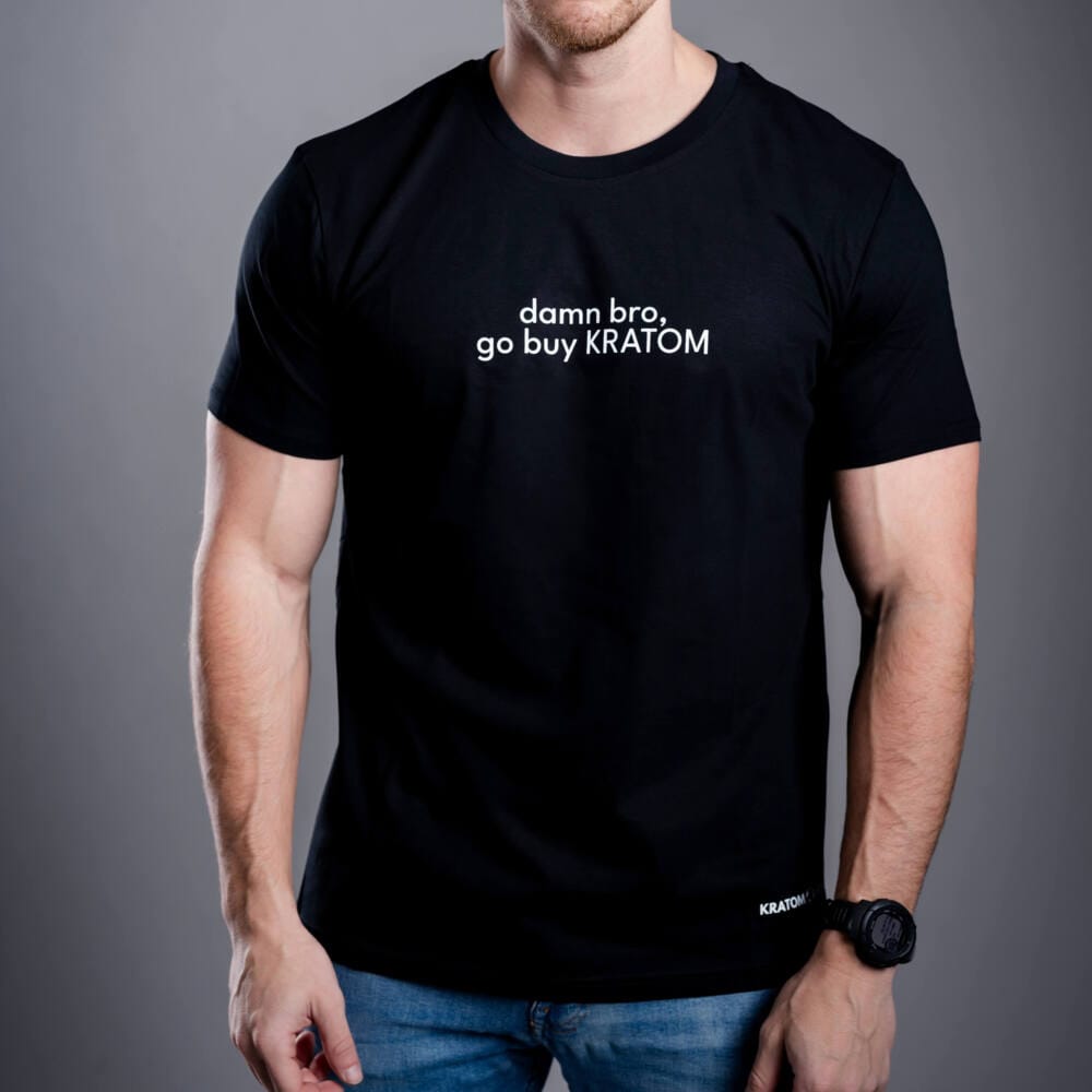Мъжка тениска Kratom World Damn Bro Go Buy Kratom, представена в черен streetwear дизайн.