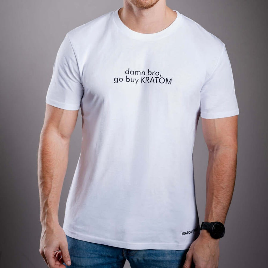 Мъжка тениска Kratom World Damn Bro Go Buy Kratom, представена в продуктов кадър като streetwear merch за любители на Kratom.